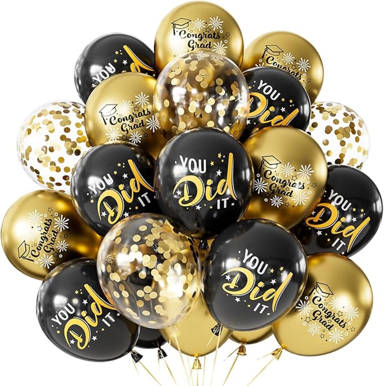 Graduation Balloons, Congrats Grad Balloons 12 Inch Black and Gold Balloon Class of 2026 Gold Confetti Latex Balloon for College High School Happy Graduation Party Decorations Supplies (18Pcs)